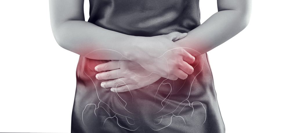 Pelvic Pain Awareness Month - image of woman holding pelvic region with anatomical illustration overlay