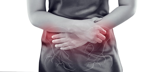 Pelvic Pain Awareness Month - image of woman holding pelvic region with anatomical illustration overlay